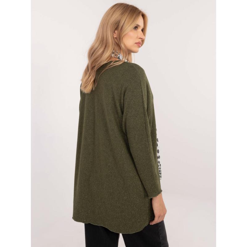 Khaki dámský oversize svetr s třpytivými nitkami