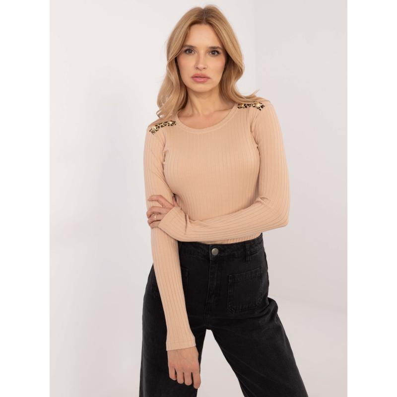 Velbloudí žebrovaná bavlněná halenka s dlouhým rukávem