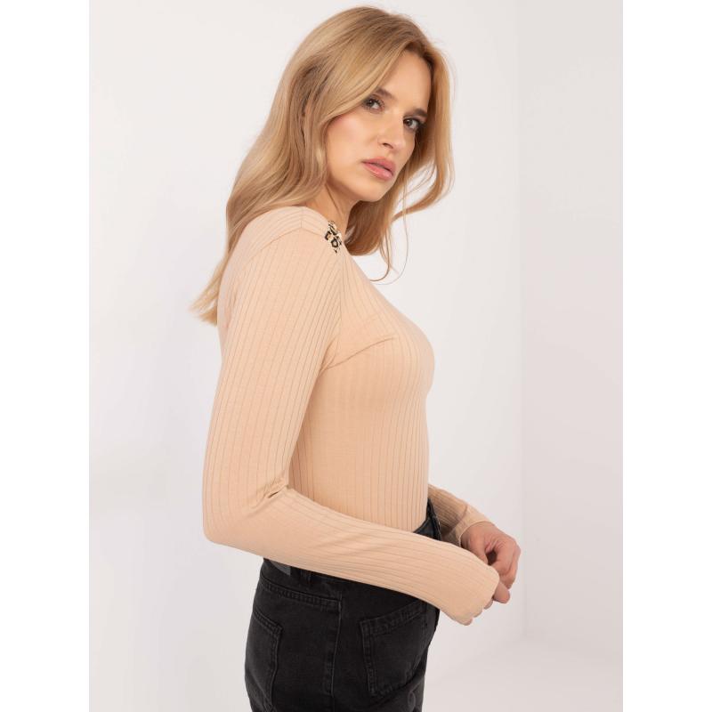 Velbloudí žebrovaná bavlněná halenka s dlouhým rukávem