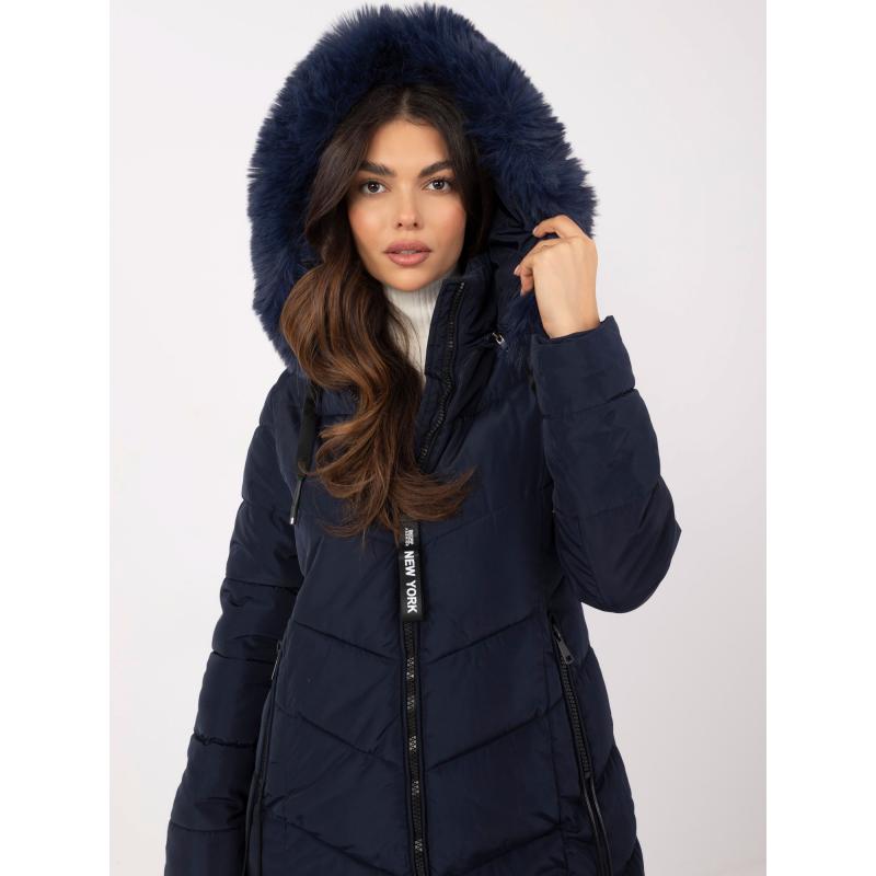 Tmavě modrá dlouhá zimní bunda s kapsami