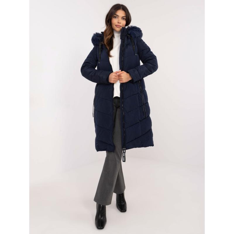 Tmavě modrá dlouhá zimní bunda s kapsami
