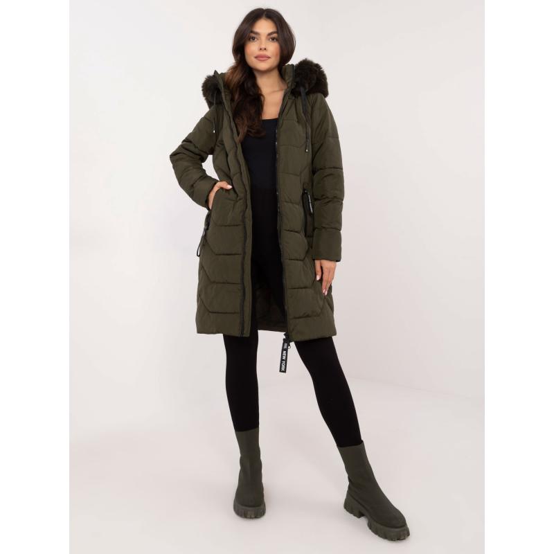 Khaki színű steppelt pehelypaplan télikabát