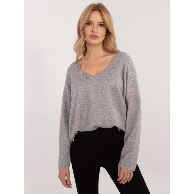 Šedý dámský oversize svetr s výstřihem do V