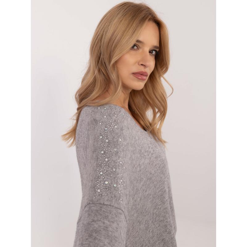 Šedý dámský oversize svetr s výstřihem do V