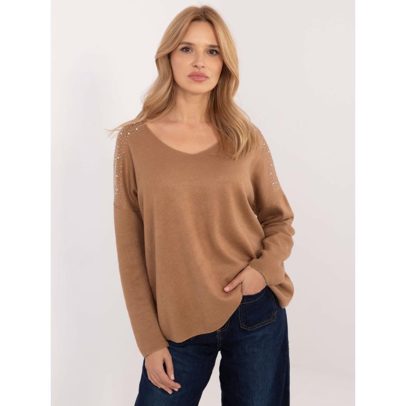 Velbloudí dámský oversize svetr s výstřihem do V