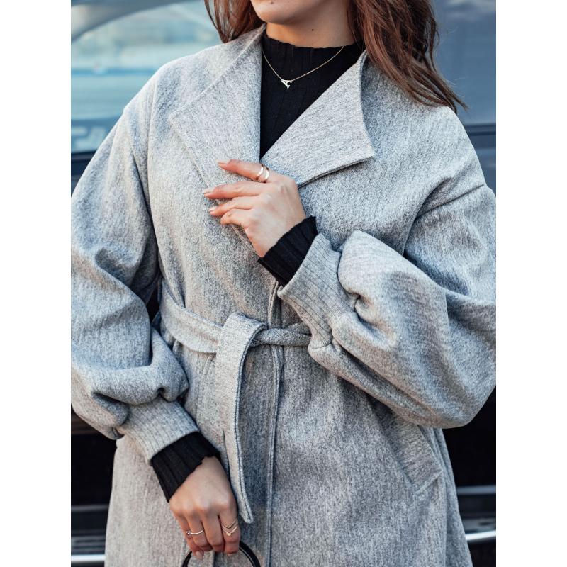 Női hosszú kabát OPULENt övvel szürke