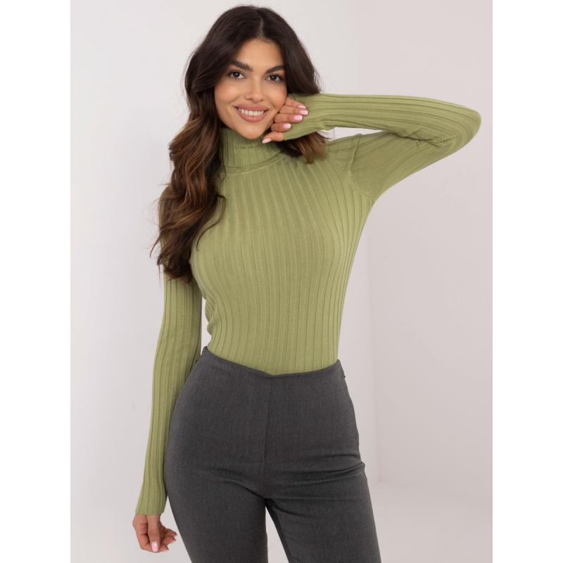 Világoszöld, széles csíkos garbó pulóver