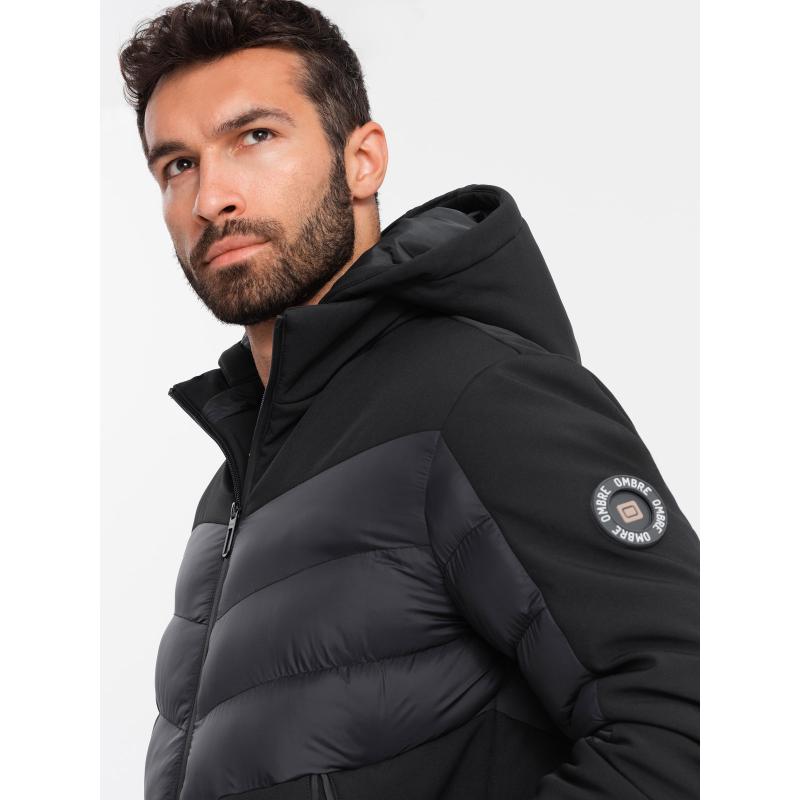 Pánská prošívaná bunda z kombinované tkaniny s vysokým límcem - černá