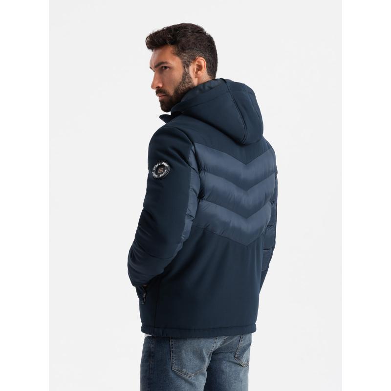 Pánská prošívaná sportovní bunda z kombinovaného materiálu s vysokým límcem - tmavě modrá