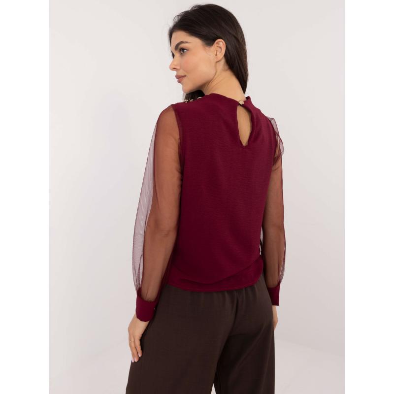 Bordová spoločenská blúzka so sieťovanými rukávmi