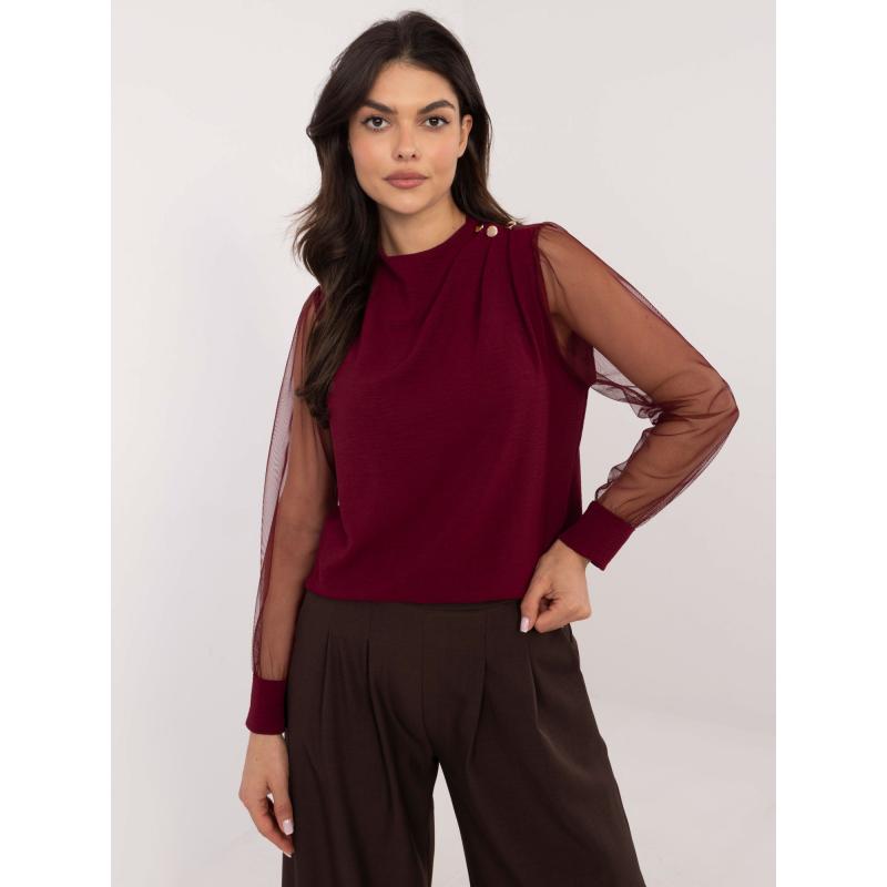 Bordová spoločenská blúzka so sieťovanými rukávmi