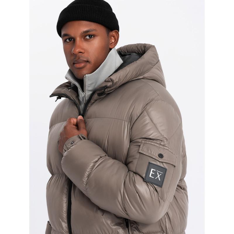 Férfi meleg pehelypaplan kabát kabátkivágással - sötétbézs