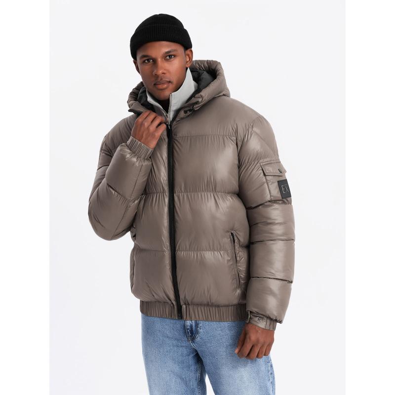 Férfi meleg pehelypaplan kabát kabátkivágással - sötétbézs