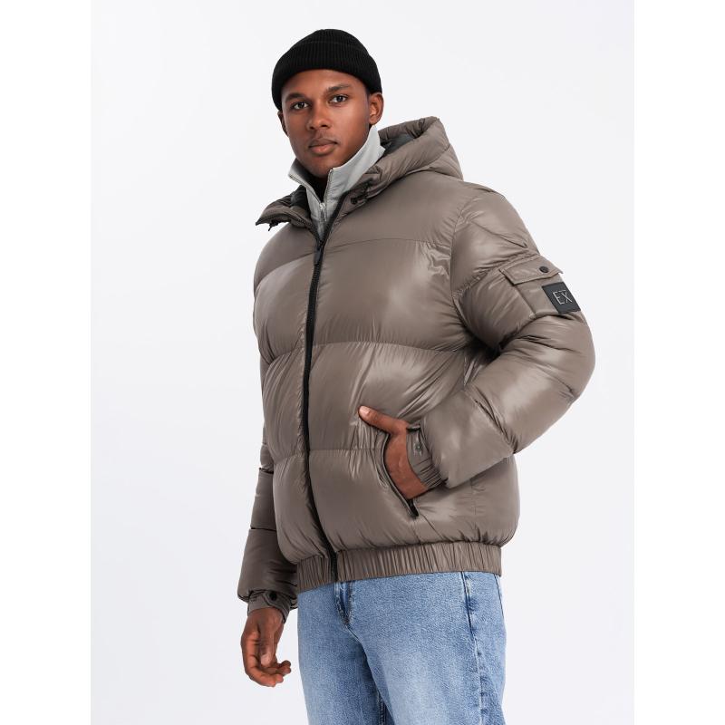 Férfi meleg pehelypaplan kabát kabátkivágással - sötétbézs