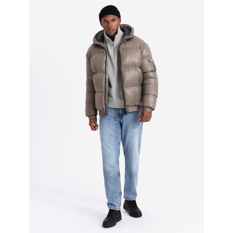 Férfi meleg pehelypaplan kabát kabátkivágással - sötétbézs