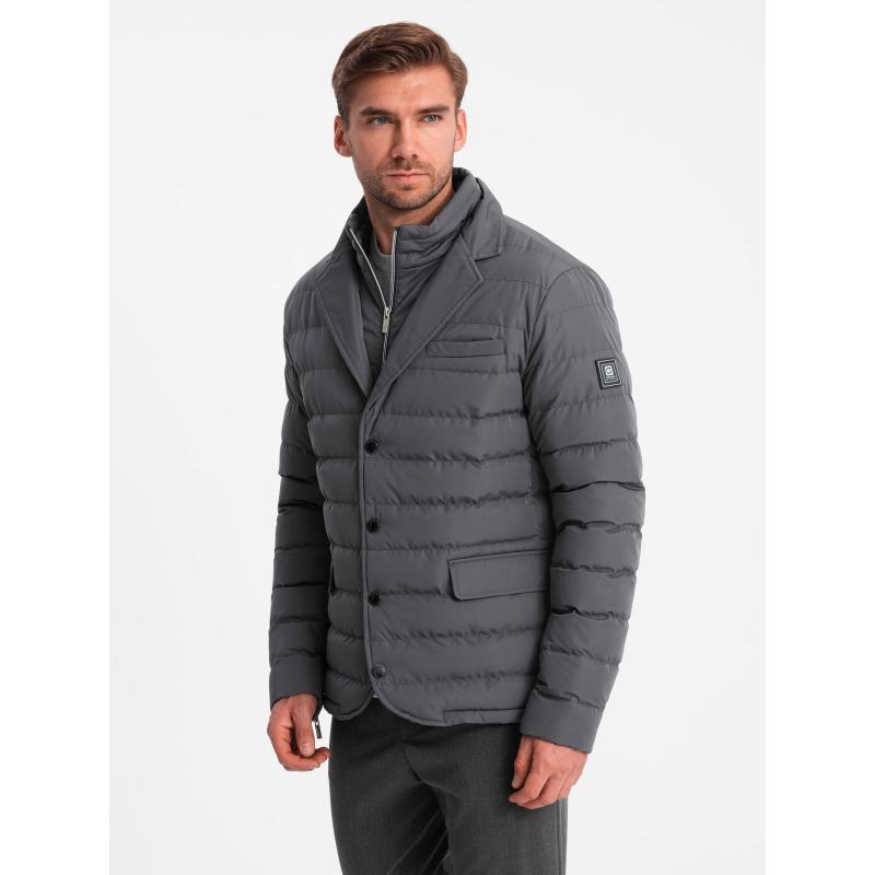 Férfi steppelt kabát kabátkivágással - grafit