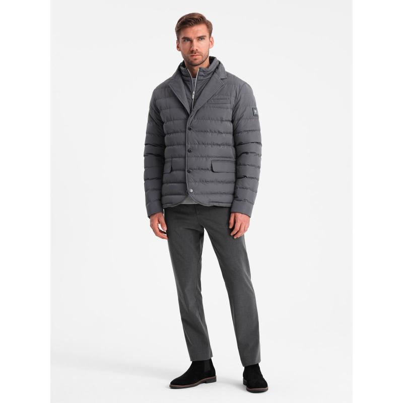 Férfi steppelt kabát kabátkivágással - grafit