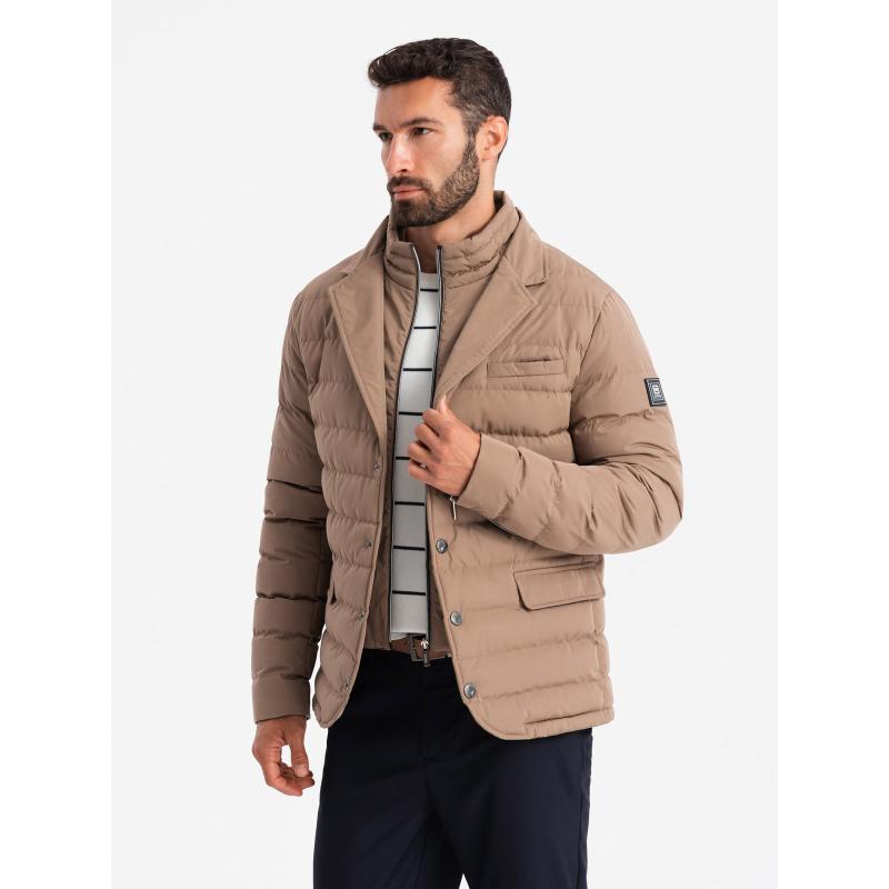 Férfi steppelt dzseki kabátkivágással - bézs V5