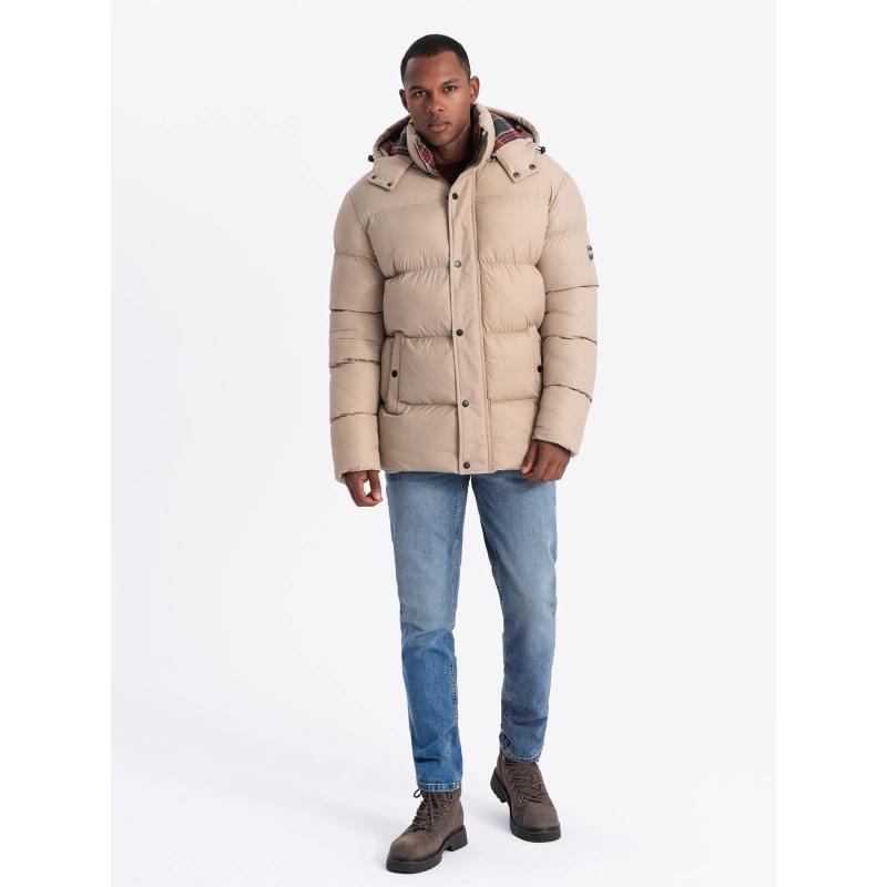 Pánská péřová bunda s kostkovanou podšívkou - béžová barva
