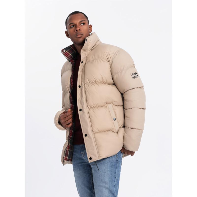 Pánská péřová bunda s kostkovanou podšívkou - béžová barva