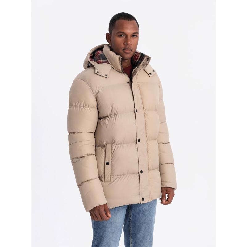Pánská péřová bunda s kostkovanou podšívkou - béžová barva