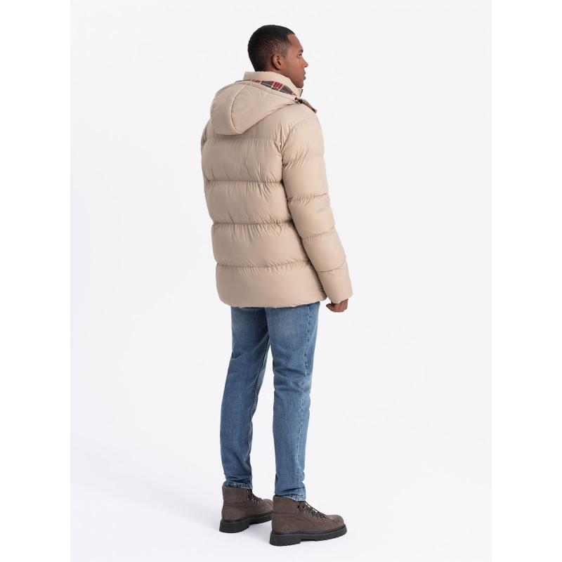 Pánská péřová bunda s kostkovanou podšívkou - béžová barva