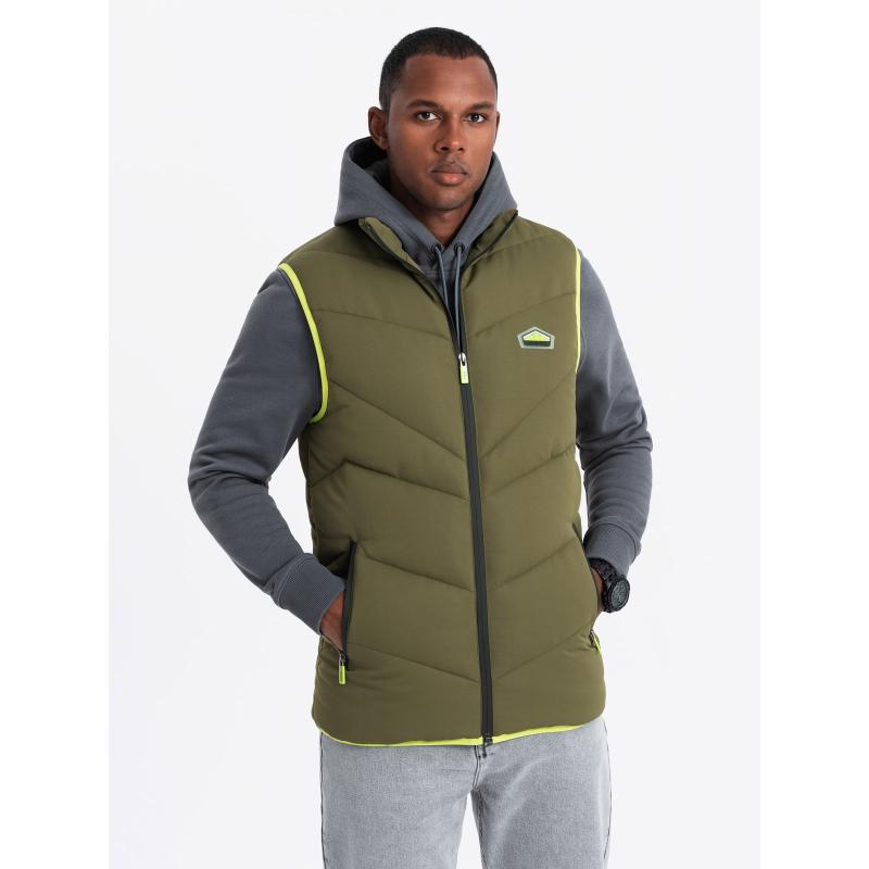 Férfi steppelt mellény neon akcentussal - olajzöld színben