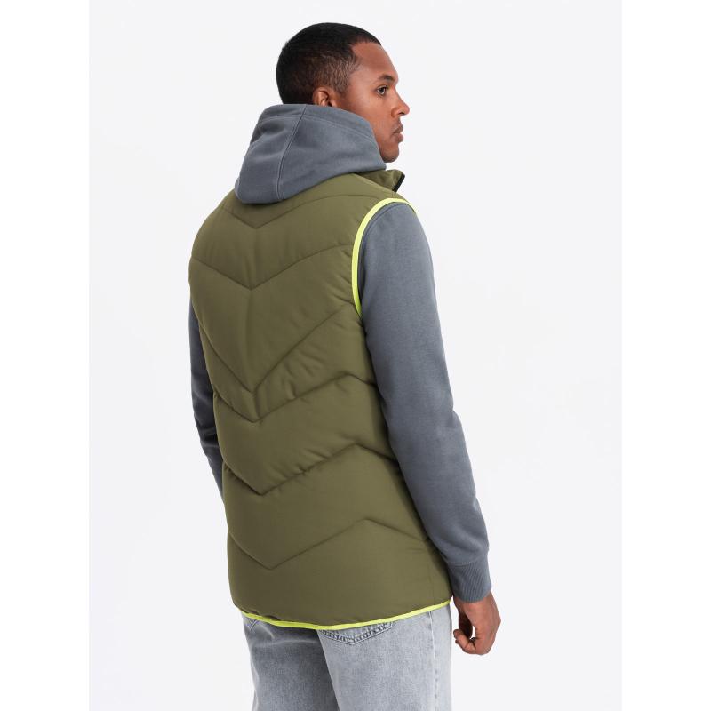 Férfi steppelt mellény neon akcentussal - olajzöld színben