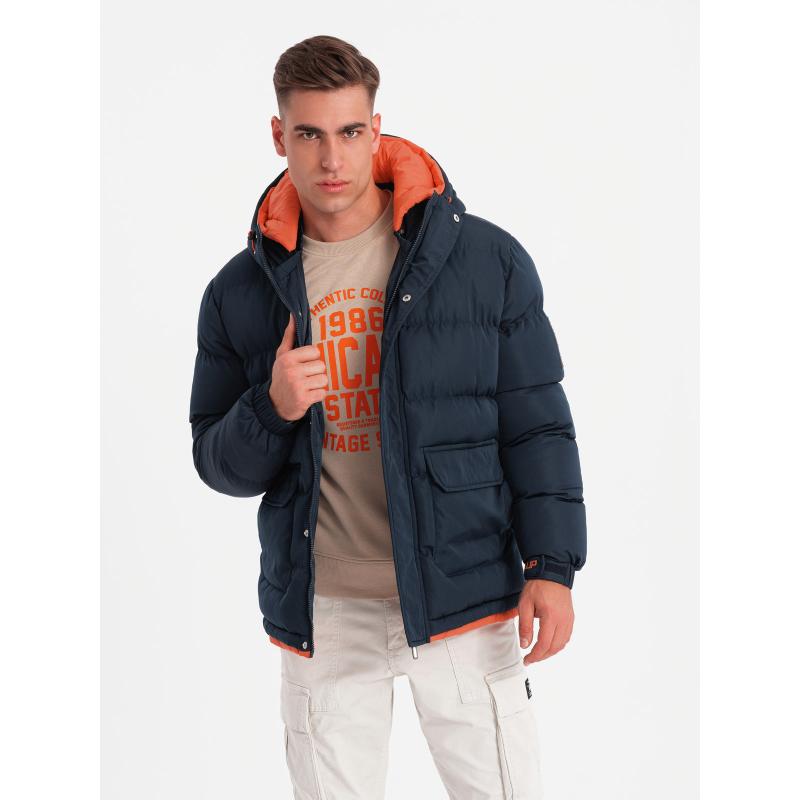 Pánská sportovní teplá bunda s dvojitou kapucí - tmavě modrá