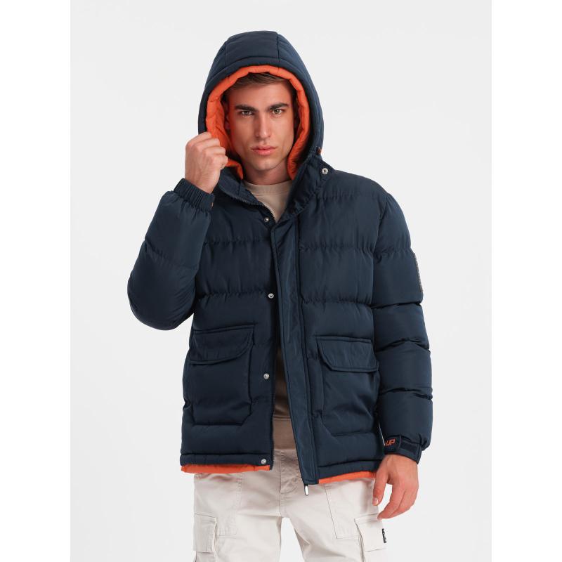 Pánská sportovní teplá bunda s dvojitou kapucí - tmavě modrá