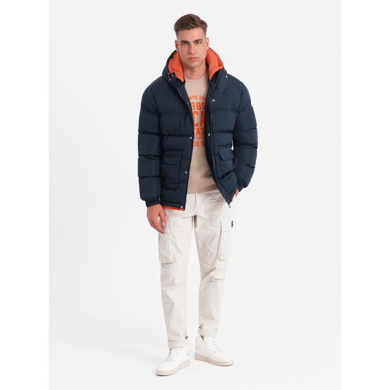 Pánská sportovní teplá bunda s dvojitou kapucí - tmavě modrá