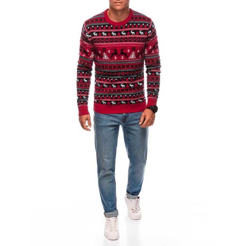 Férfi piros karácsonyi pulóver norvég mintákkal - piros
