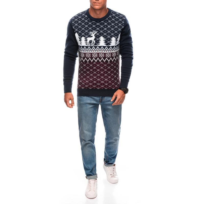 Pánský vánoční zimní svetr se soby - tmavě modrý a bílý