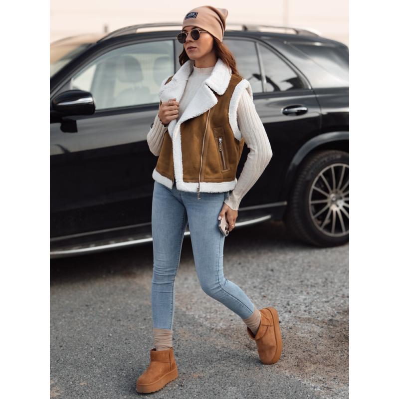 Dámská semišová vesta s ovčí kůží WOOLZIP camellia