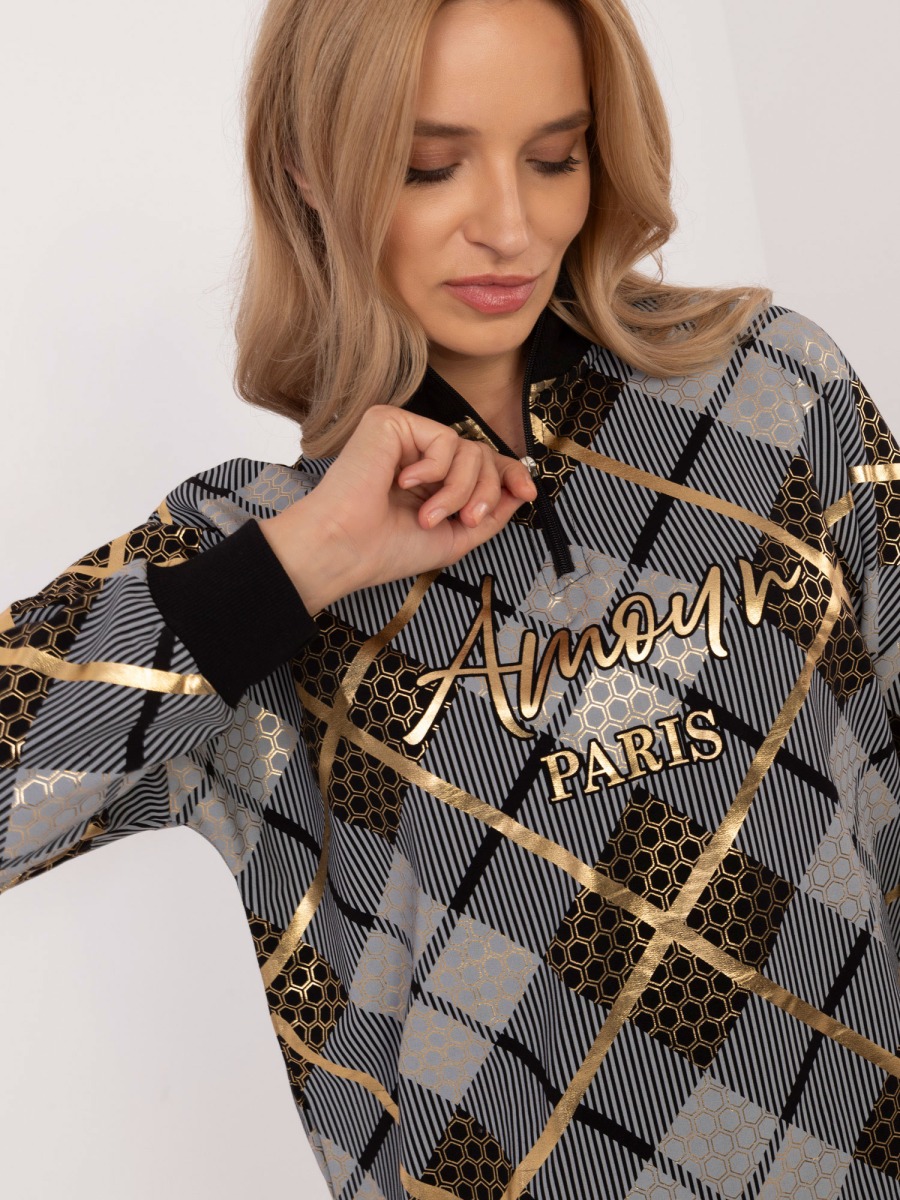 Fekete női nyomtatott pulóver állógallérral