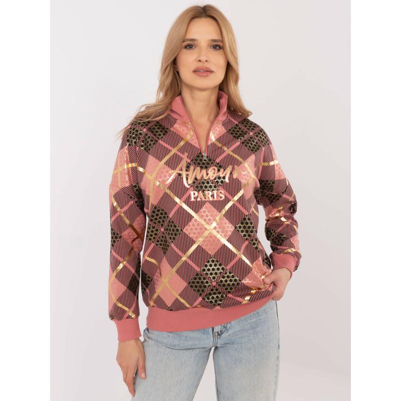 Špinavě růžová mikina s potiskem a žebrovanými manžetami