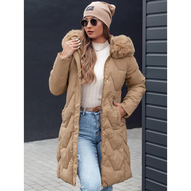 Dámská zimní bunda VEONI dlouhá prošívaná s kapucí světle béžová