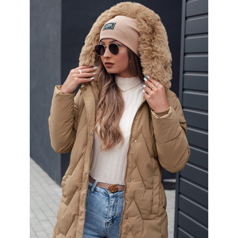 Dámská zimní bunda VEONI dlouhá prošívaná s kapucí světle béžová