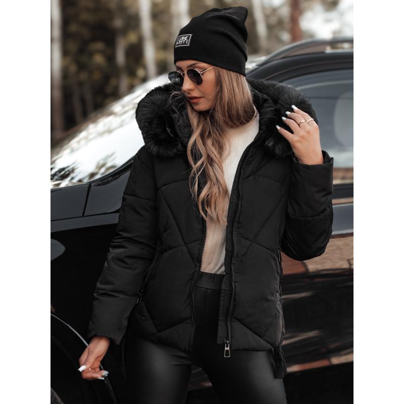 Dámská prošívaná zimní bunda MODIVA s kapucí černá světle hnědá