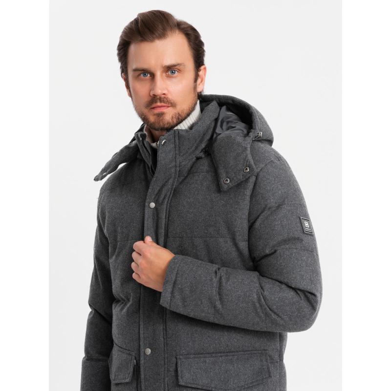 Férfi hosszú meleg parka kabát gyapjúval - fekete melange V2