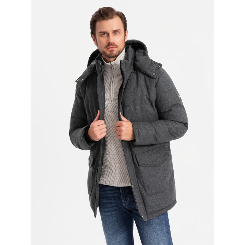 Férfi hosszú meleg parka kabát gyapjúval - fekete melange V2