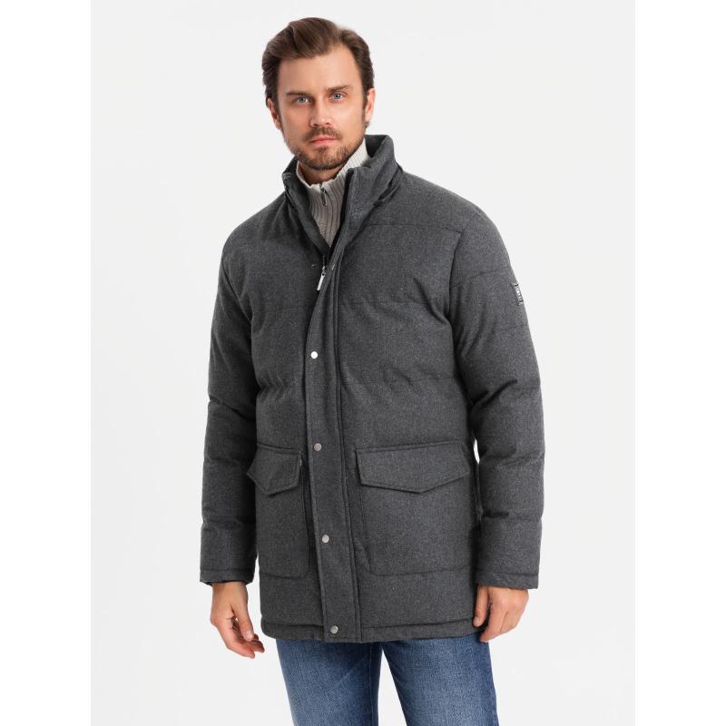 Férfi hosszú meleg parka kabát gyapjúval - fekete melange V2