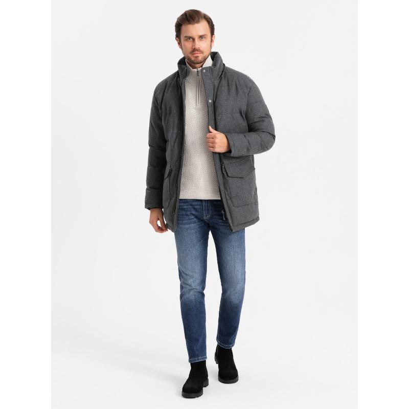 Férfi hosszú meleg parka kabát gyapjúval - fekete melange V2