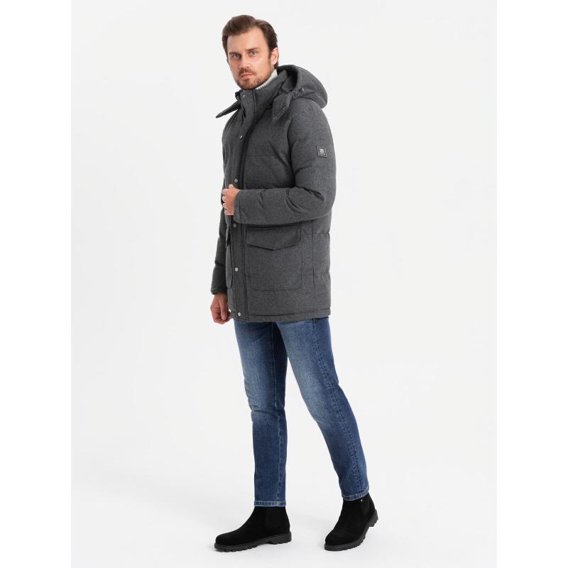 Férfi hosszú meleg parka kabát gyapjúval - fekete melange V2