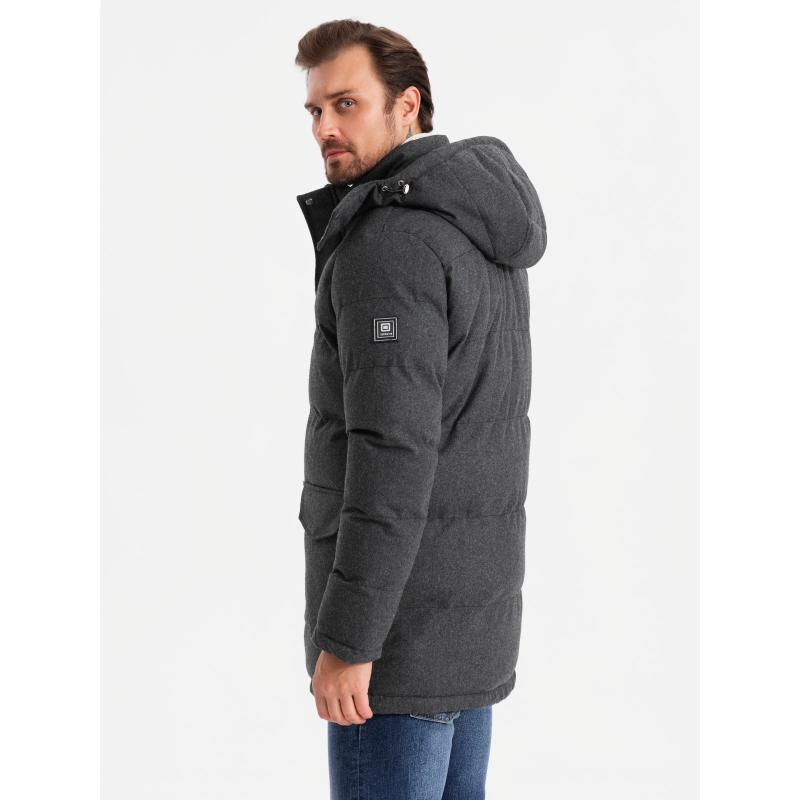 Férfi hosszú meleg parka kabát gyapjúval - fekete melange V2