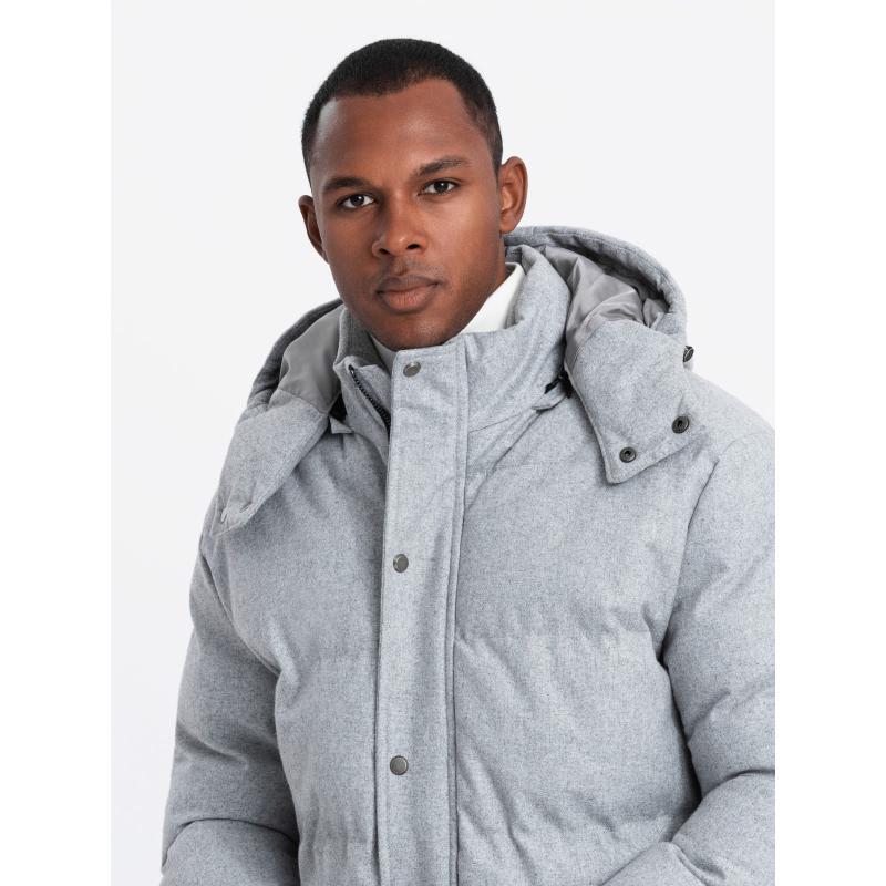 Férfi hosszú meleg parka kabát gyapjúval - világosszürke melange V3