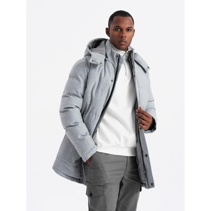 Férfi hosszú meleg parka kabát gyapjúval - világosszürke melange V3