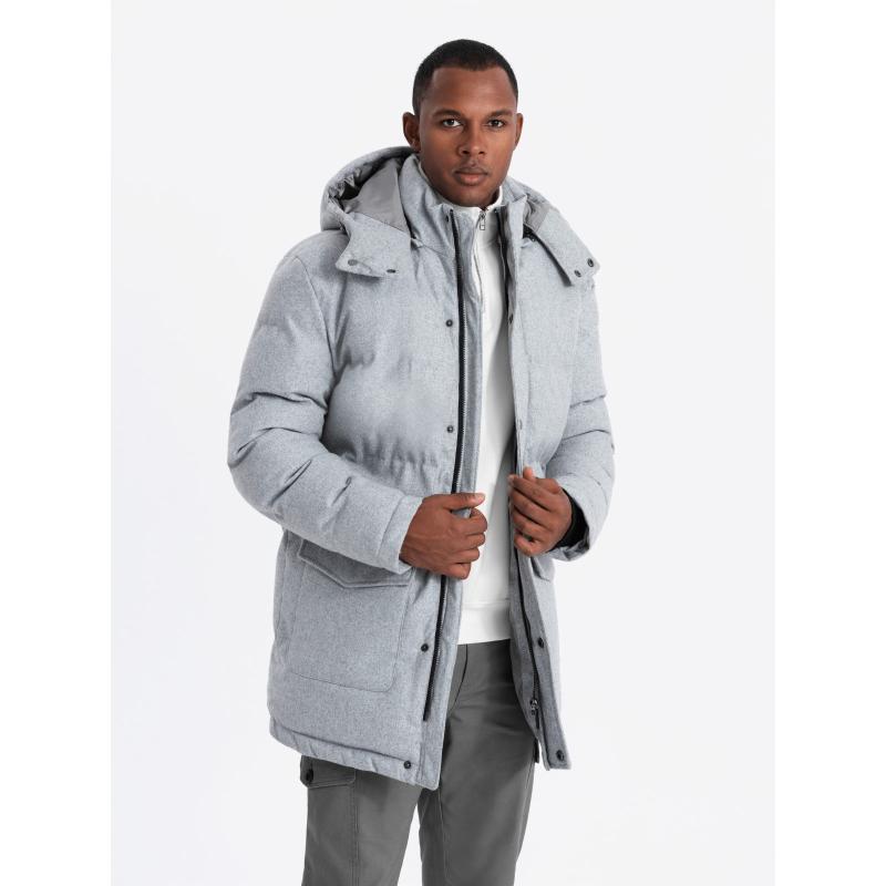 Férfi hosszú meleg parka kabát gyapjúval - világosszürke melange V3