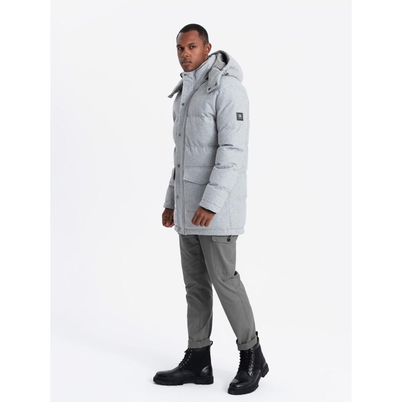 Férfi hosszú meleg parka kabát gyapjúval - világosszürke melange V3