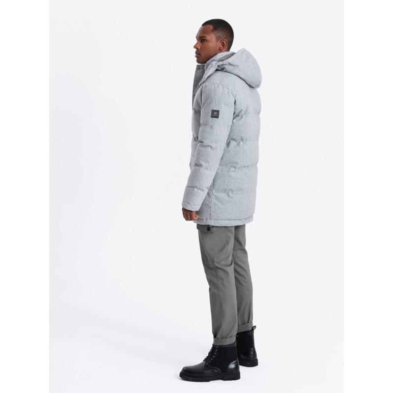 Férfi hosszú meleg parka kabát gyapjúval - világosszürke melange V3